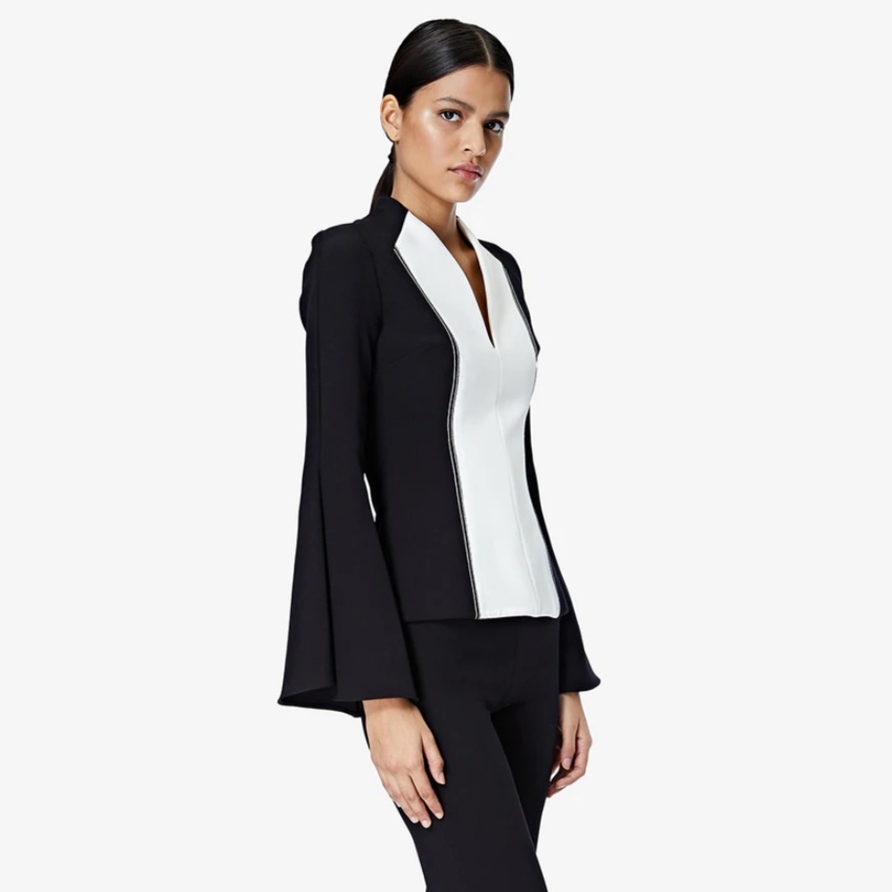 Black and White Contrast V-Neck Blouse with Bell Sleeves - Picture 2 of 10
